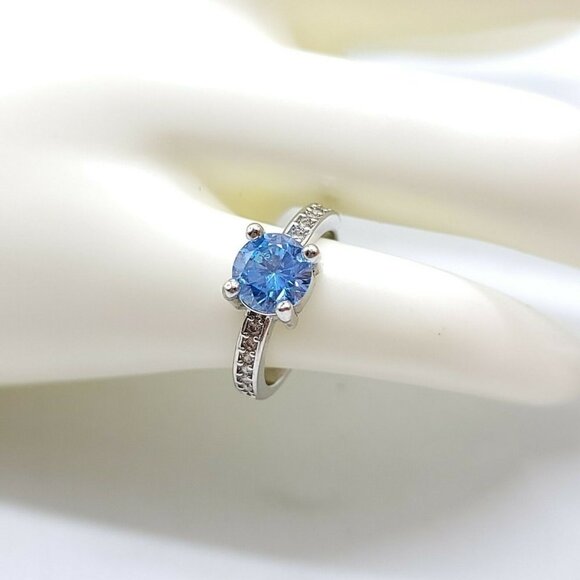 Silver Plated Blue Aquamarine Clear Rhinestone Cocktail Ring Size 5 - Picture 1 of 4